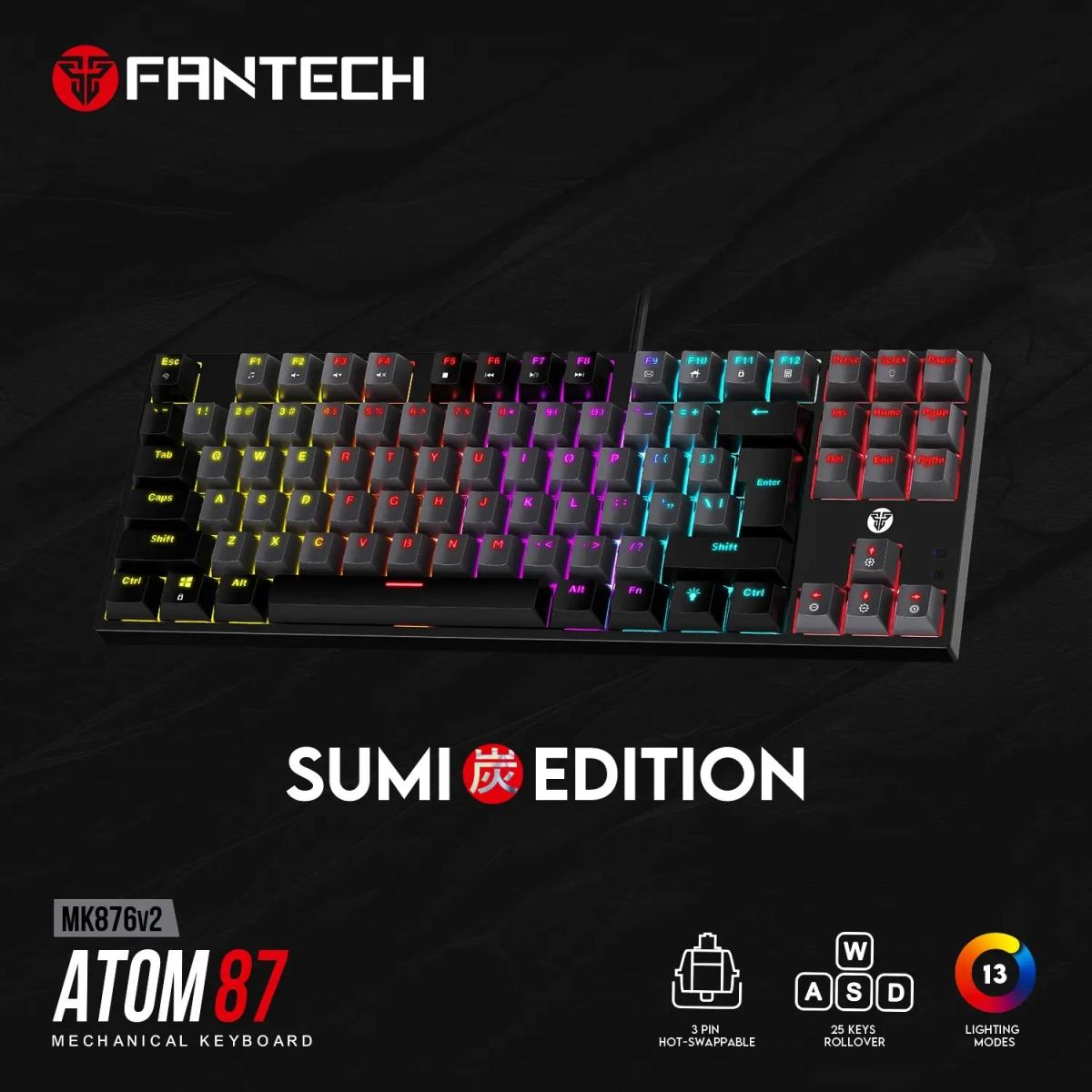 Fantech MK876 V2 Atom87 (TKL 75% Size) RGB Wired 2 Colors Combination Mechanical Gaming Keyboard Sumi Edition, 3 Pin Hot-Swappable Switches, 25 Anti-Ghosting Keys - Grey/Red Switch