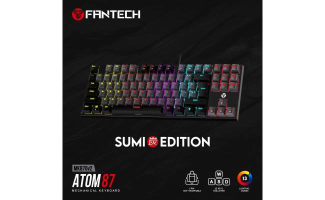 Fantech MK876 V2 Atom87 (TKL 75% Size) RGB Wired 2 Colors Combination Mechanical Gaming Keyboard Sumi Edition, 3 Pin Hot-Swappable Switches, 25 Anti-Ghosting Keys - Grey/Red Switch