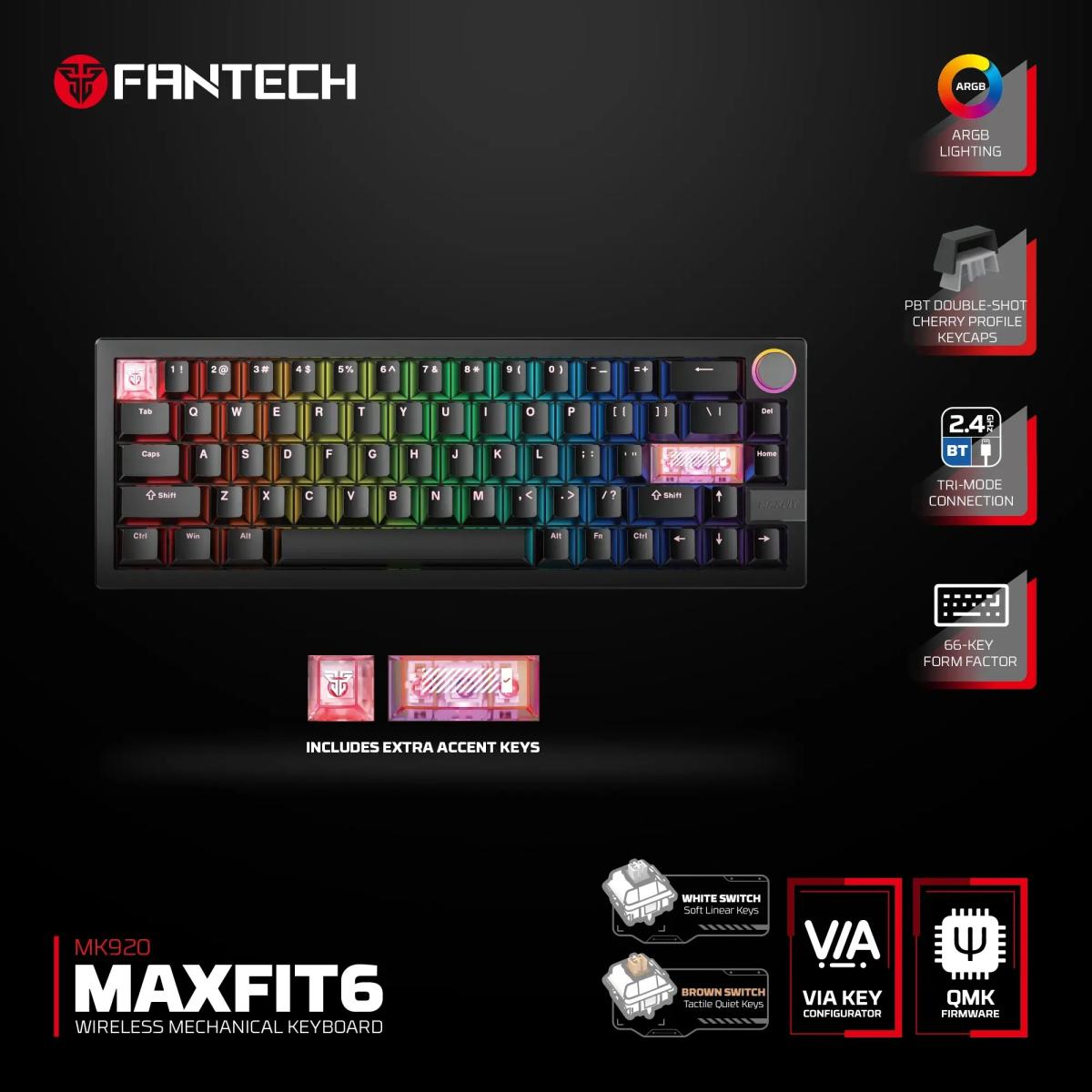 FANTECH MK920 MAXFIT6 Wireless Mechanical Gaming Keyboard - Black, Lighting Effects: 46 Modes, Connectivity: BT, Wired, Strike Speed Wireless - Black