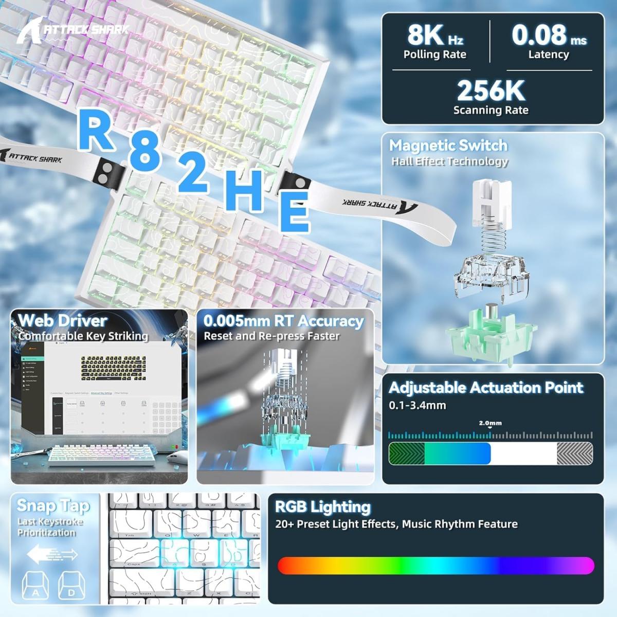 ATTACK SHARK R82HE Rapid Trigger Wired Mechanical Gaming Keyboard TKL NKRO with 8K Polling,0.005mm RT Accuracy,256K Scan Rate,5 Layer Sound Damped,Hall Effect Magnetic Switch for PC Mac(White Contour) ATTACK SHARK R82HE Rapid Trigger Wired Mechanical Gaming Keyboard TKL NKRO with 8K Polling,0.005mm RT Accuracy,256K Scan Rate,5 Layer Sound Damped,Hall Effect Magnetic Switch for PC Mac(White Contour)