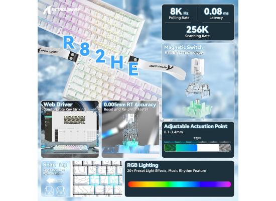 ATTACK SHARK R82HE Rapid Trigger Wired Mechanical Gaming Keyboard TKL NKRO with 8K Polling,0.005mm RT Accuracy,256K Scan Rate,5 Layer Sound Damped,Hall Effect Magnetic Switch for PC Mac(White Contour)