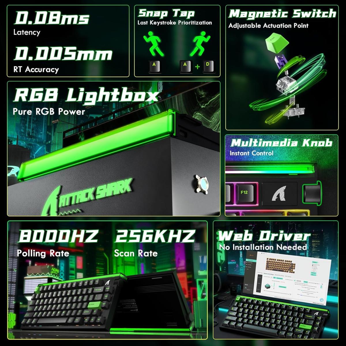 ATTACK SHARK R85 HE Wired 75% Hall Effect Rapid Trigger Mechanical RGB Gaming Keyboard with 8K Polling,0.05mm RT Accuracy,0.08MS Latency,Magnetic Switch,5 Layer Sound Damped,Driver for PC Mac(Green) ATTACK SHARK R85 HE Wired 75% Hall Effect Rapid Trigger Mechanical RGB Gaming Keyboard with 8K Polling,0.05mm RT Accuracy,0.08MS Latency,Magnetic Switch,5 Layer Sound Damped,Driver for PC Mac(Green)