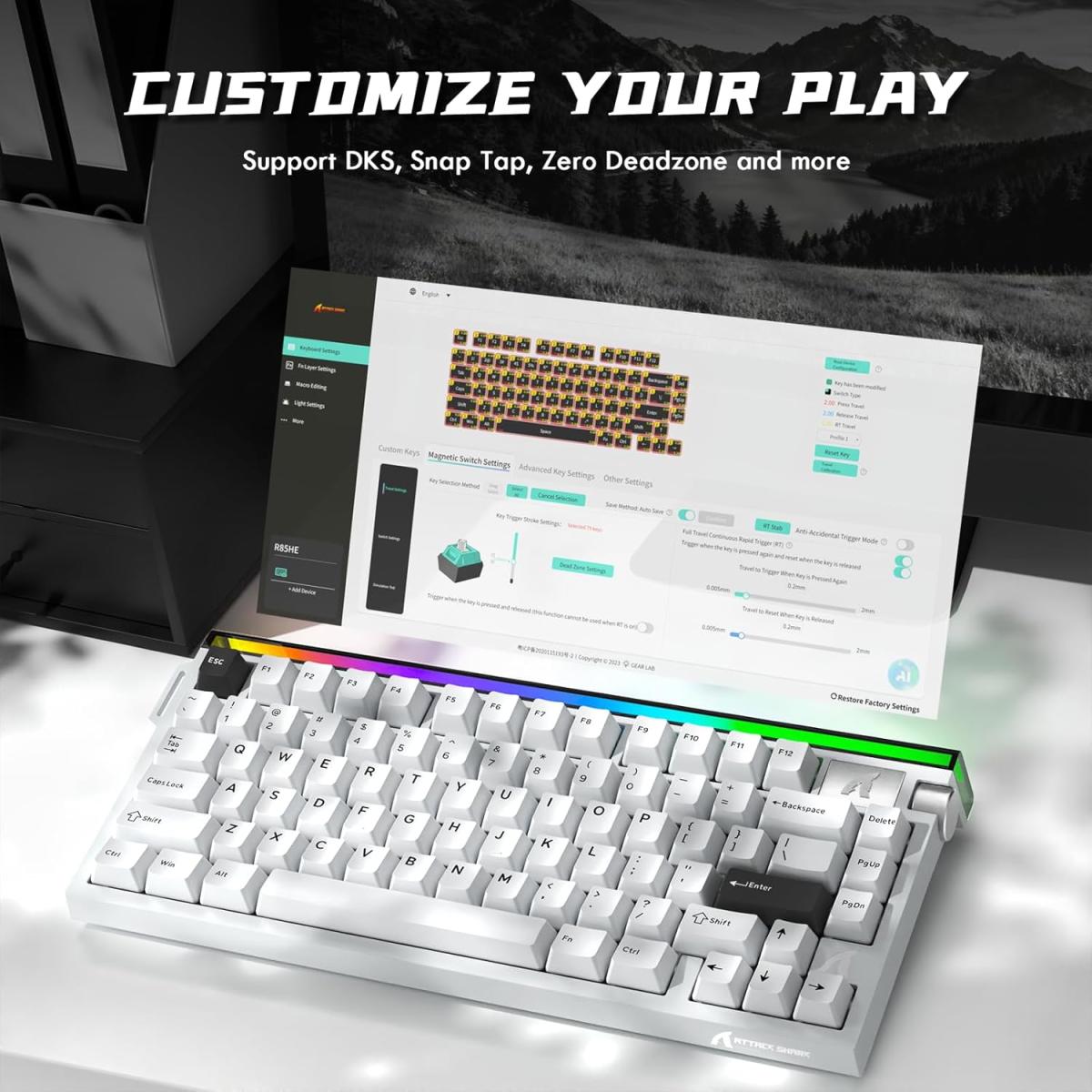 ATTACK SHARK R85 HE Wired 75% Hall Effect Rapid Trigger Mechanical RGB Gaming Keyboard with 8K Polling,0.05mm RT Accuracy,0.08MS Latency,Magnetic Switch,5 Layer Sound Damped,Driver for PC(Star White) (عربي) ATTACK SHARK R85 HE Wired 75% Hall Effect Rapid Trigger Mechanical RGB Gaming Keyboard with 8K Polling,0.05mm RT Accuracy,0.08MS Latency,Magnetic Switch,5 Layer Sound Damped,Driver for PC(Star White) (عربي)
