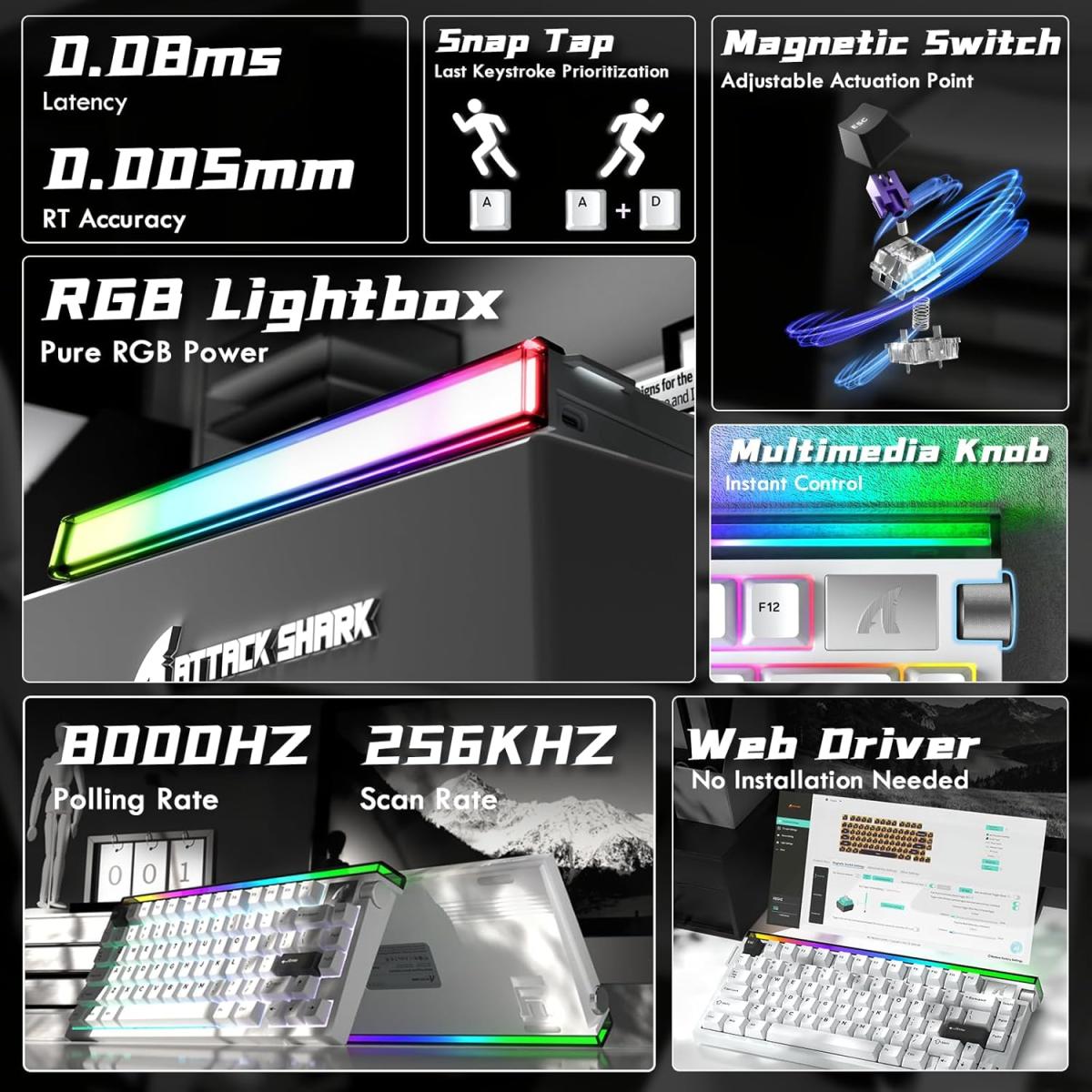 ATTACK SHARK R85 HE Wired 75% Hall Effect Rapid Trigger Mechanical RGB Gaming Keyboard with 8K Polling,0.05mm RT Accuracy,0.08MS Latency,Magnetic Switch,5 Layer Sound Damped,Driver for PC(Star White) (عربي) ATTACK SHARK R85 HE Wired 75% Hall Effect Rapid Trigger Mechanical RGB Gaming Keyboard with 8K Polling,0.05mm RT Accuracy,0.08MS Latency,Magnetic Switch,5 Layer Sound Damped,Driver for PC(Star White) (عربي)