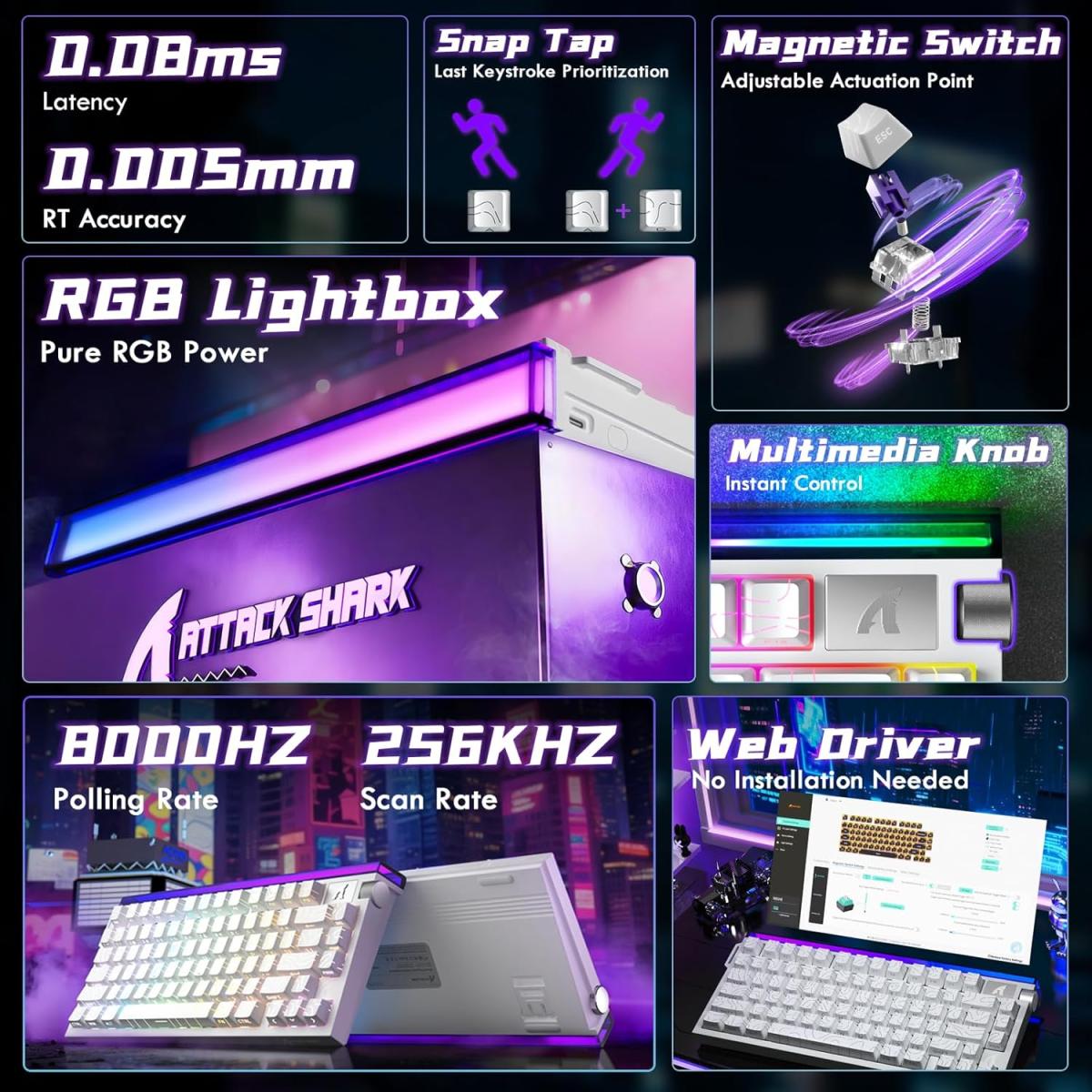 ATTACK SHARK R85HE Wired 75% Hall Effect Rapid Trigger Mechanical RGB Gaming Keyboard with 8K Polling,0.05mm RT Accuracy,0.08MS Latency,Magnetic Switch,5Layer Sound Damped,Driver for PC(White Contour) ATTACK SHARK R85HE Wired 75% Hall Effect Rapid Trigger Mechanical RGB Gaming Keyboard with 8K Polling,0.05mm RT Accuracy,0.08MS Latency,Magnetic Switch,5Layer Sound Damped,Driver for PC(White Contour)