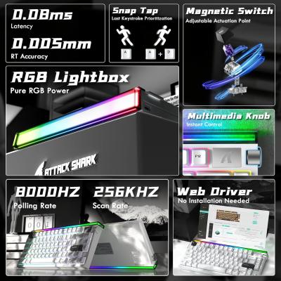 ATTACK SHARK R85 HE Wired 75% Hall Effect Rapid Trigger Mechanical RGB Gaming Keyboard with 8K Polling,0.05mm RT Accuracy,0.08MS Latency,Magnetic Switch,5 Layer Sound Damped,Driver for PC(Star White)