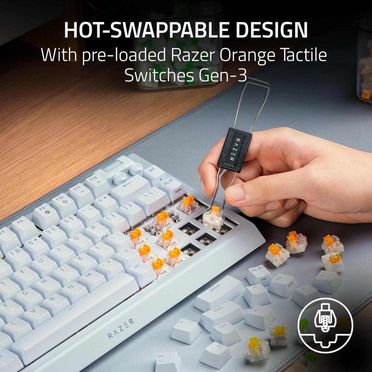 Razer BlackWidow V4 75% (Orange Tactile Switches / White Edition) Chroma RGB Compact Wired Mechanical Gaming Keyboard w/Roller & Media Keys, Hot Swappable Switches, Magnetic Wrist Rest