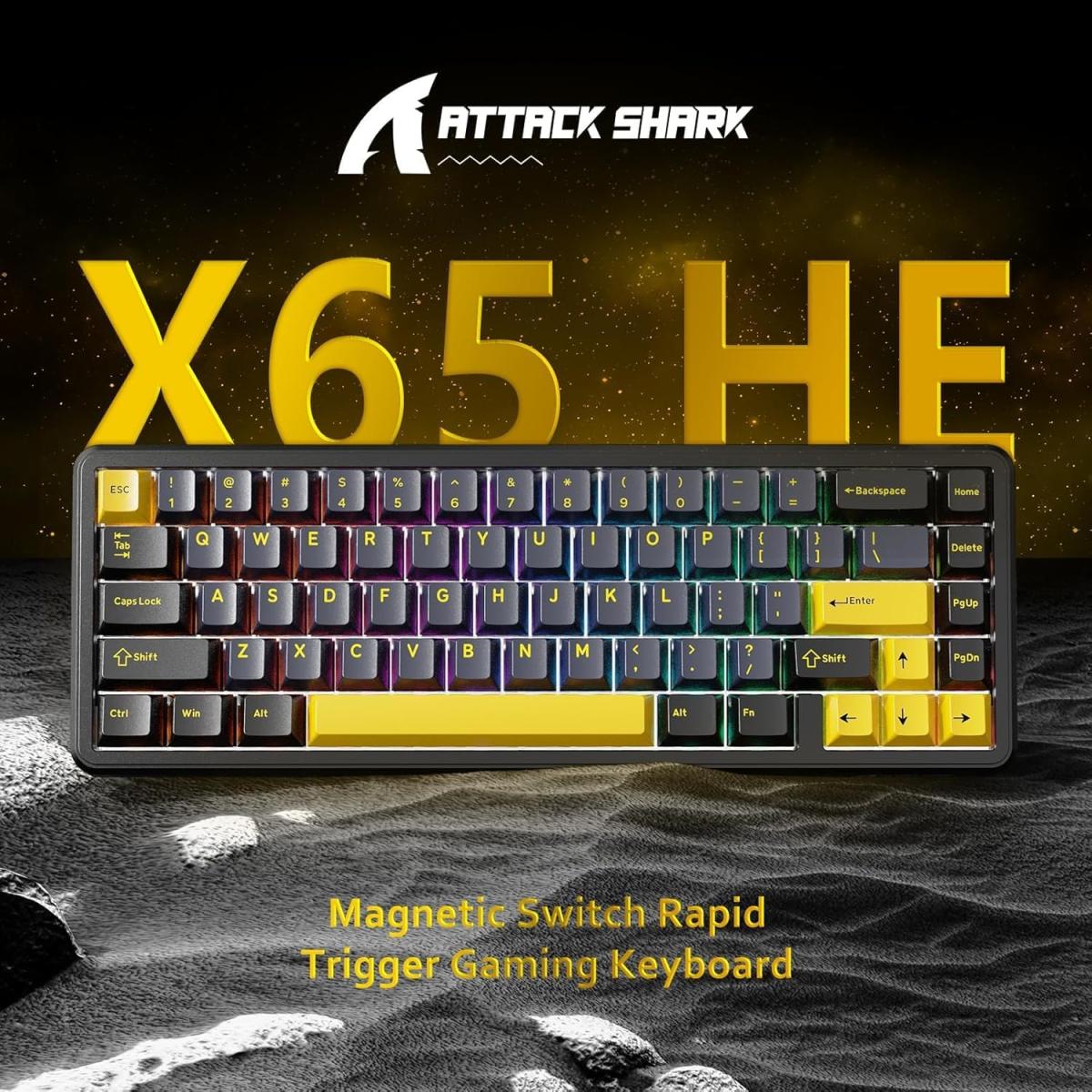 ATTACK SHARK X65 HE Wired Rapid Trigger Magnetic Switch 65% Mechanical Gaming Keyboard, Hall Effect Top Mounted RGB Hot Swap,Adjustable Actuation,8KHZ Polling Rate,PBT Keycaps for Win/Mac(Star Black) (عربي) ATTACK SHARK X65 HE Wired Rapid Trigger Magnetic Switch 65% Mechanical Gaming Keyboard, Hall Effect Top Mounted RGB Hot Swap,Adjustable Actuation,8KHZ Polling Rate,PBT Keycaps for Win/Mac(Star Black) (عربي)