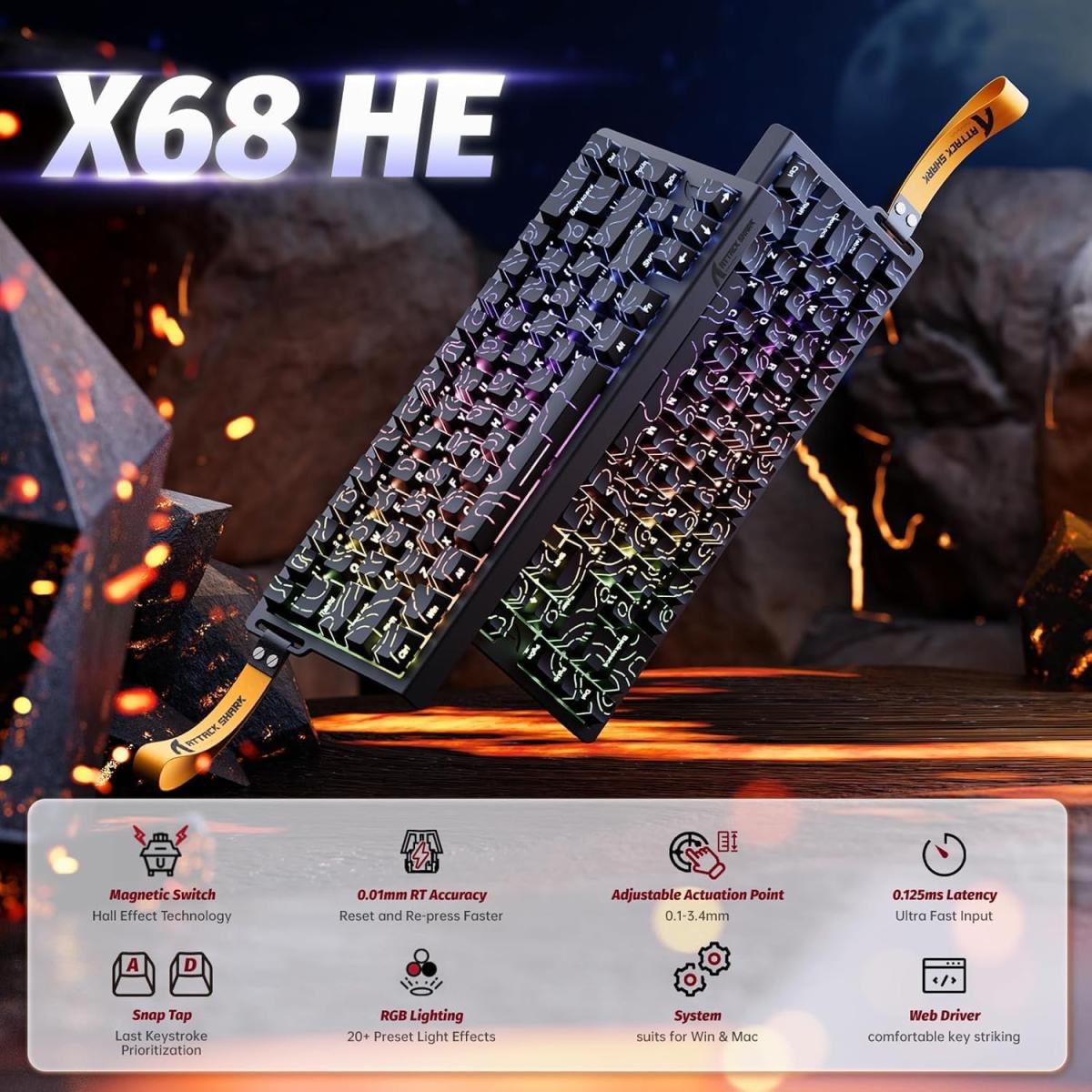 ATTACK SHARK X68 HE Rapid Trigger Mechanical Gaming Keyboard 60% Wired with Adjustable Actuation,Hall Effect Magnetic Switch,8KHz Polling Rate,RGB Backlit,Top Mount,Side Printed Keycap(Black Contour) ATTACK SHARK X68 HE Rapid Trigger Mechanical Gaming Keyboard 60% Wired with Adjustable Actuation,Hall Effect Magnetic Switch,8KHz Polling Rate,RGB Backlit,Top Mount,Side Printed Keycap(Black Contour)