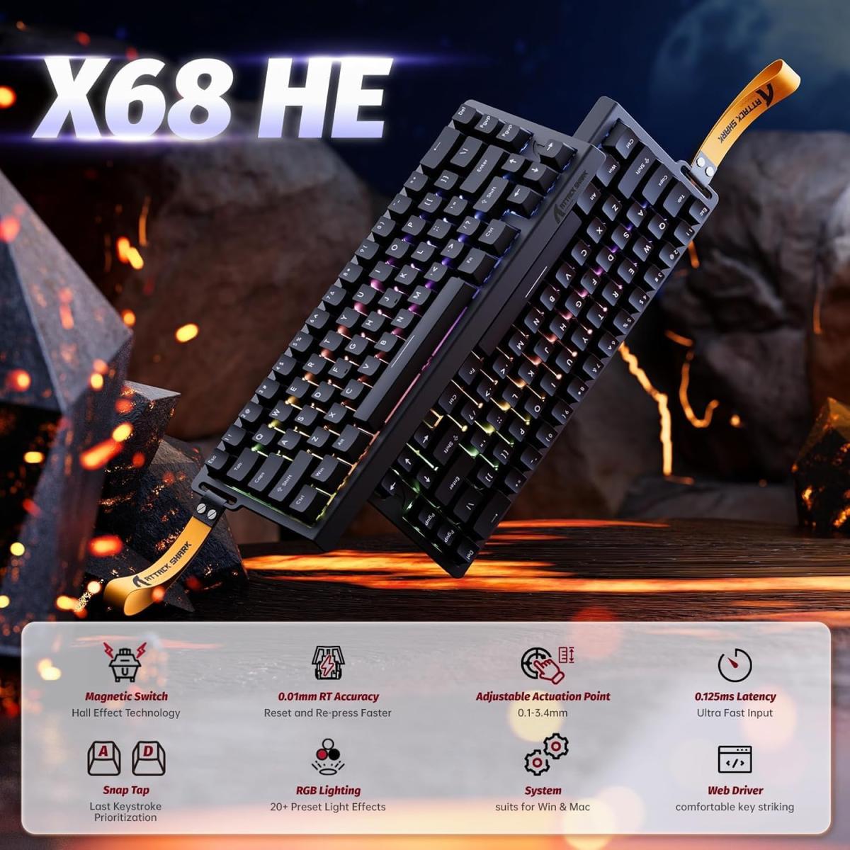 ATTACK SHARK X68 HE Rapid Trigger Mechanical Gaming Keyboard 60% Wired TKL with Adjustable Actuation,Hall Effect Magnetic Switch,8KHz Polling Rate,RGB Backlit,Top Mount for PC Mac Esport Gamer(Black) (عربي) ATTACK SHARK X68 HE Rapid Trigger Mechanical Gaming Keyboard 60% Wired TKL with Adjustable Actuation,Hall Effect Magnetic Switch,8KHz Polling Rate,RGB Backlit,Top Mount for PC Mac Esport Gamer(Black) (عربي)