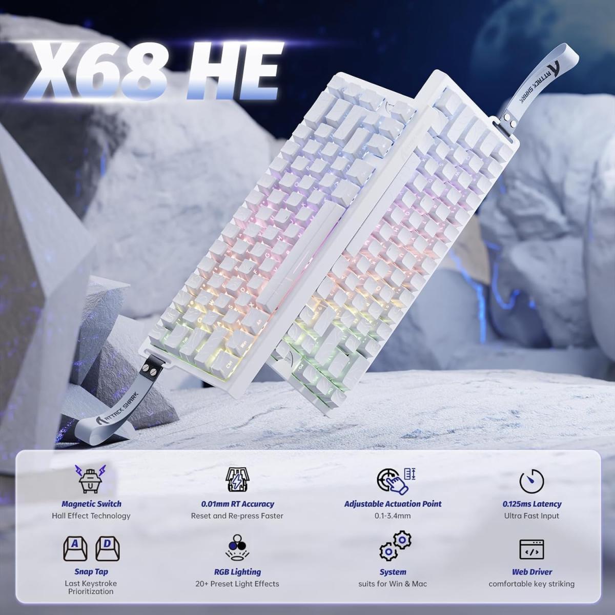 ATTACK SHARK X68 HE Rapid Trigger Mechanical Gaming Keyboard 60% Wired with Adjustable Actuation,Hall Effect Magnetic Switch,8KHz Polling Rate,RGB Backlit,Top Mount,Side Printed Keycap(White Contour) ATTACK SHARK X68 HE Rapid Trigger Mechanical Gaming Keyboard 60% Wired with Adjustable Actuation,Hall Effect Magnetic Switch,8KHz Polling Rate,RGB Backlit,Top Mount,Side Printed Keycap(White Contour)