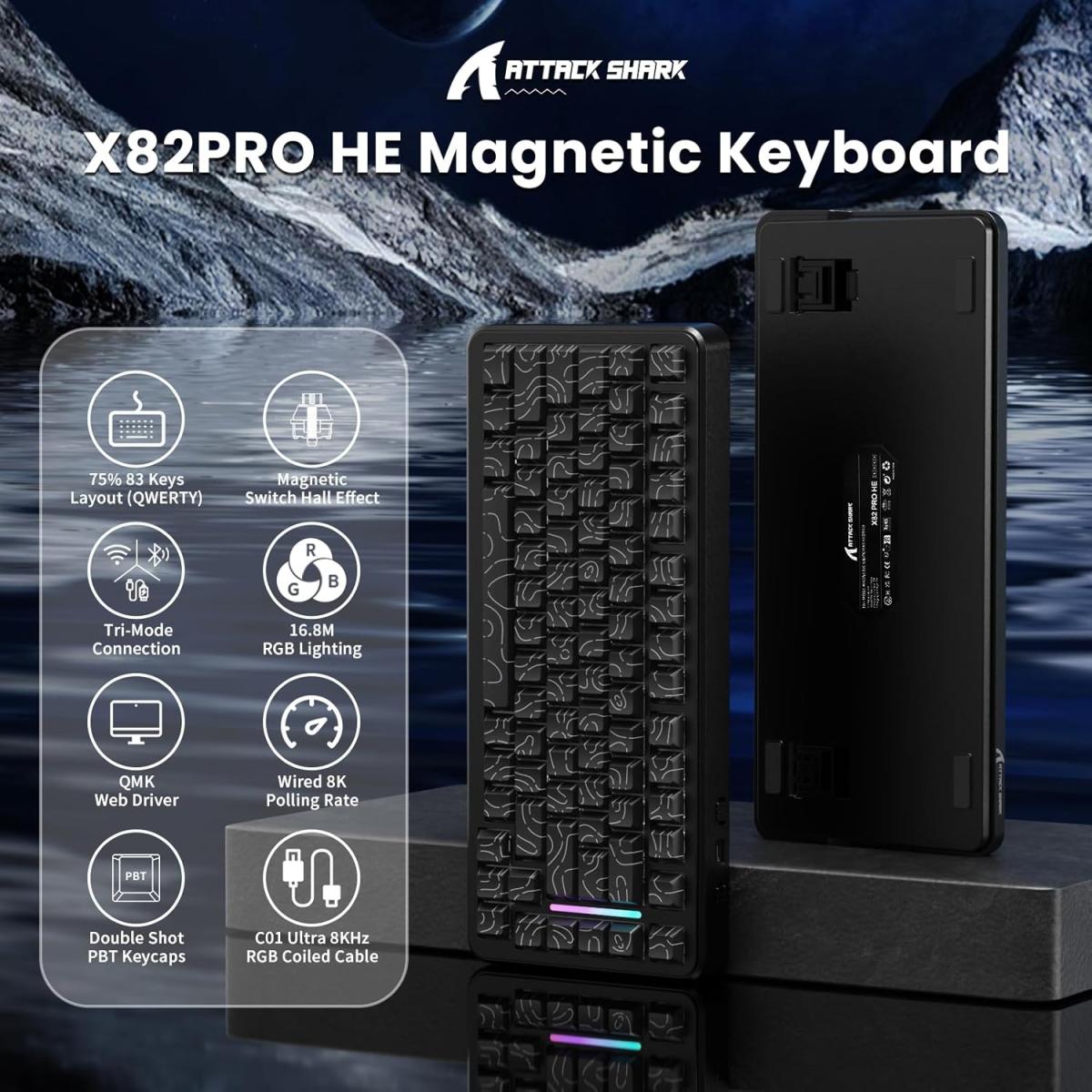 ATTACK SHARK X82 PRO HE Magnetic Gaming Keyboard,8KHz Polling Rate,Adjustable Actuation Rapid Trigger,Tri-Mode Wireless PC Keyboard with 5000mAh Battery,Cloud/Software Driver for Win/Mac,Black Contours. ATTACK SHARK X82 PRO HE Magnetic Gaming Keyboard,8KHz Polling Rate,Adjustable Actuation Rapid Trigger,Tri-Mode Wireless PC Keyboard with 5000mAh Battery,Cloud/Software Driver for Win/Mac,Black Contours.