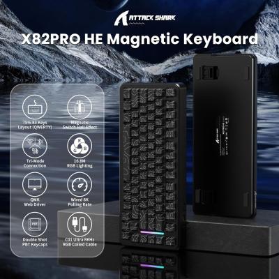 ATTACK SHARK X82 PRO HE Magnetic Gaming Keyboard,8KHz Polling Rate,Adjustable Actuation Rapid Trigger,Tri-Mode Wireless PC Keyboard with 5000mAh Battery,Cloud/Software Driver for Win/Mac,Black Contours.