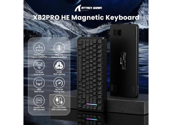 ATTACK SHARK X82 PRO HE Magnetic Gaming Keyboard,8KHz Polling Rate,Adjustable Actuation Rapid Trigger,Tri-Mode Wireless PC Keyboard with 5000mAh Battery,Cloud/Software Driver for Win/Mac,Black Contours.