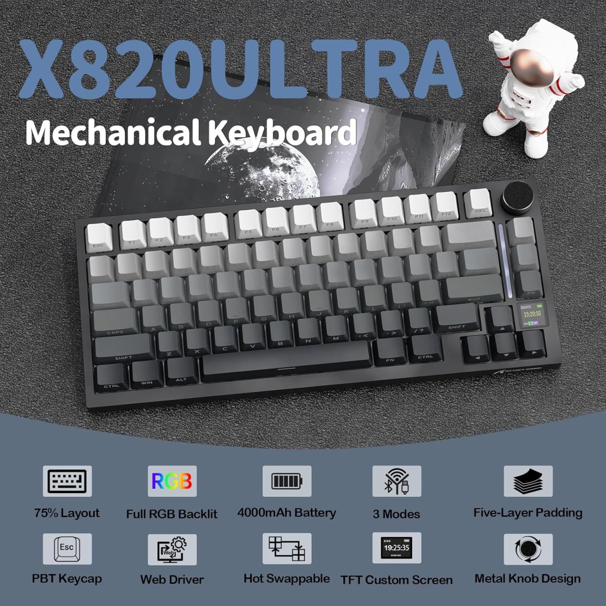 ATTACK SHARK X820 Ultra 75% Wireless Gaming Mechanical Keyboard Hot-Swappable Gasket Mount RGB Backlit BT/2.4G/Wired Custom Keyboard with Smart TFT Display&Knob QMK Driver-Moonlit Light&Gift Switch ATTACK SHARK X820 Ultra 75% Wireless Gaming Mechanical Keyboard Hot-Swappable Gasket Mount RGB Backlit BT/2.4G/Wired Custom Keyboard with Smart TFT Display&Knob QMK Driver-Moonlit Light&Gift Switch