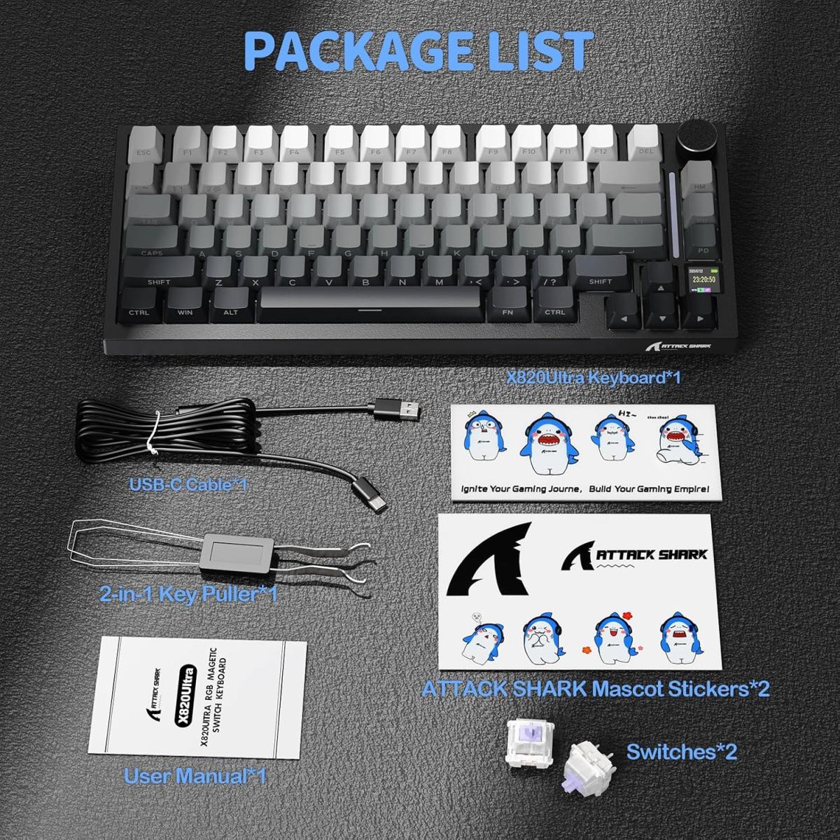 ATTACK SHARK X820 Ultra 75% Wireless Gaming Mechanical Keyboard Hot-Swappable Gasket Mount RGB Backlit BT/2.4G/Wired Custom Keyboard with Smart TFT Display&Knob QMK Driver-Moonlit Light&Gift Switch ATTACK SHARK X820 Ultra 75% Wireless Gaming Mechanical Keyboard Hot-Swappable Gasket Mount RGB Backlit BT/2.4G/Wired Custom Keyboard with Smart TFT Display&Knob QMK Driver-Moonlit Light&Gift Switch