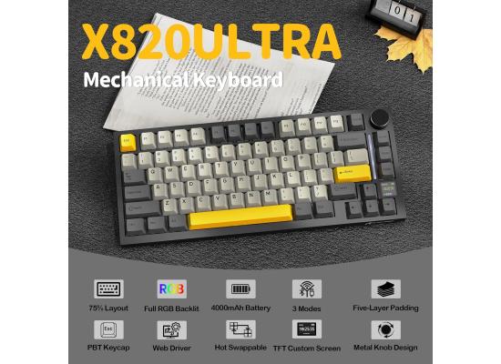 ATTACK SHARK X820 Ultra 75% Wireless Gaming Mechanical Keyboard Hot-Swappable Gasket Mount RGB Backlit BT/2.4G/Wired Custom Keyboard with Smart TFT Display&Knob QMK Driver-Star Black&Gift Switch