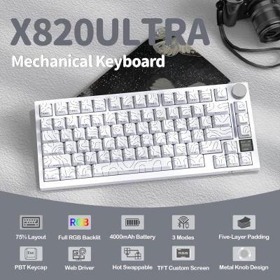 ATTACK SHARK X820 Ultra 75% Wireless Gaming Mechanical Keyboard Hot-Swappable Gasket Mount RGB Backlit BT/2.4G/Wired Custom Keyboard with Smart TFT Display&Knob QMK Driver-White Contour&Gift Switch