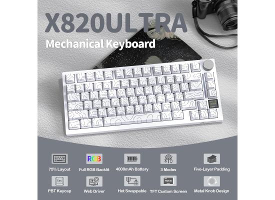 ATTACK SHARK X820 Ultra 75% Wireless Gaming Mechanical Keyboard Hot-Swappable Gasket Mount RGB Backlit BT/2.4G/Wired Custom Keyboard with Smart TFT Display&Knob QMK Driver-White Contour&Gift Switch