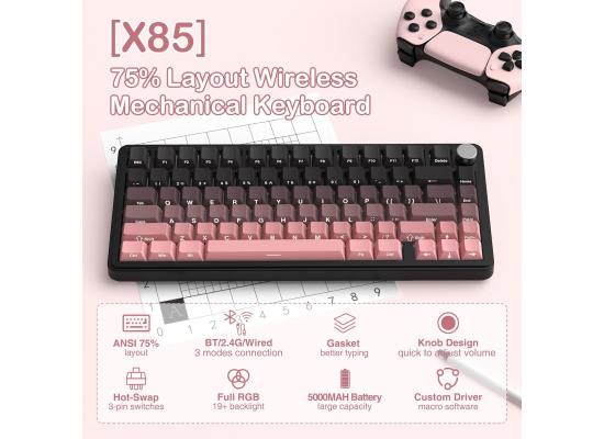 ATTACK SHARK X85 Wireless Mechanical Gaming Keyboard with Knob,Hot Swap,BT/2.4GHz/USB-C,Side Print PBT Keycaps,Gasket,RGB,Coiled Cable,Linear White Jade Switch for Win/PC/MAC, (BlackBerry)