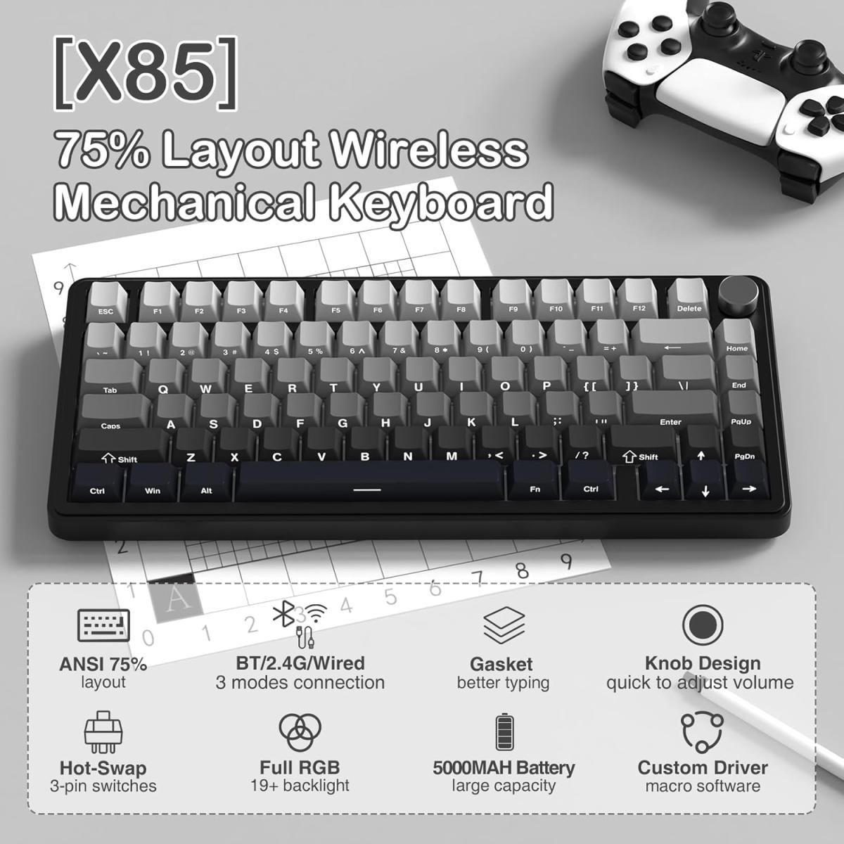 ATTACK SHARK X85 Wireless Mechanical Gaming Keyboard with Knob Hot Swappable BT/2.4GHz/USB-C Side Print PBT Keycaps 75% Gasket Keyboard RGB Coiled Cable Linear White Jade Switch for PC/MAC/Win,(Gradient Black) ATTACK SHARK X85 Wireless Mechanical Gaming Keyboard with Knob Hot Swappable BT/2.4GHz/USB-C Side Print PBT Keycaps 75% Gasket Keyboard RGB Coiled Cable Linear White Jade Switch for PC/MAC/Win,(Gradient Black)