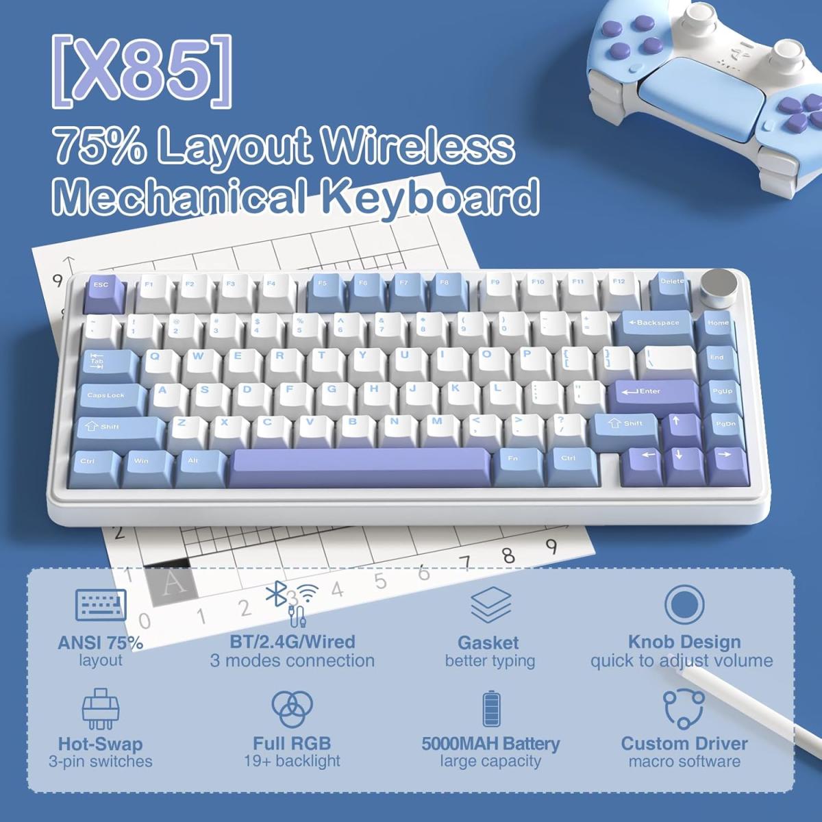 ATTACK SHARK X85 Wireless Gaming Keyboard with Knob Hot Swappable 75% Mechanical Keyboard Bluetooth/2.4GHz/USB-C PBT Keycaps Gasket RGB Coiled Cable Linear White Jade Switch Custom for Win/PC/MAC, (White Purple) (عربي) ATTACK SHARK X85 Wireless Gaming Keyboard with Knob Hot Swappable 75% Mechanical Keyboard Bluetooth/2.4GHz/USB-C PBT Keycaps Gasket RGB Coiled Cable Linear White Jade Switch Custom for Win/PC/MAC, (White Purple) (عربي)