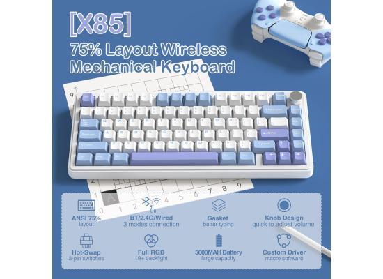 ATTACK SHARK X85 Wireless Gaming Keyboard with Knob Hot Swappable 75% Mechanical Keyboard Bluetooth/2.4GHz/USB-C PBT Keycaps Gasket RGB Coiled Cable Linear White Jade Switch Custom for Win/PC/MAC, (White Purple)