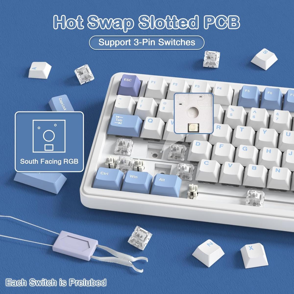 ATTACK SHARK X85 Wireless Gaming Keyboard with Knob Hot Swappable 75% Mechanical Keyboard Bluetooth/2.4GHz/USB-C PBT Keycaps Gasket RGB Coiled Cable Linear White Jade Switch Custom for Win/PC/MAC, (White Purple) (عربي) ATTACK SHARK X85 Wireless Gaming Keyboard with Knob Hot Swappable 75% Mechanical Keyboard Bluetooth/2.4GHz/USB-C PBT Keycaps Gasket RGB Coiled Cable Linear White Jade Switch Custom for Win/PC/MAC, (White Purple) (عربي)