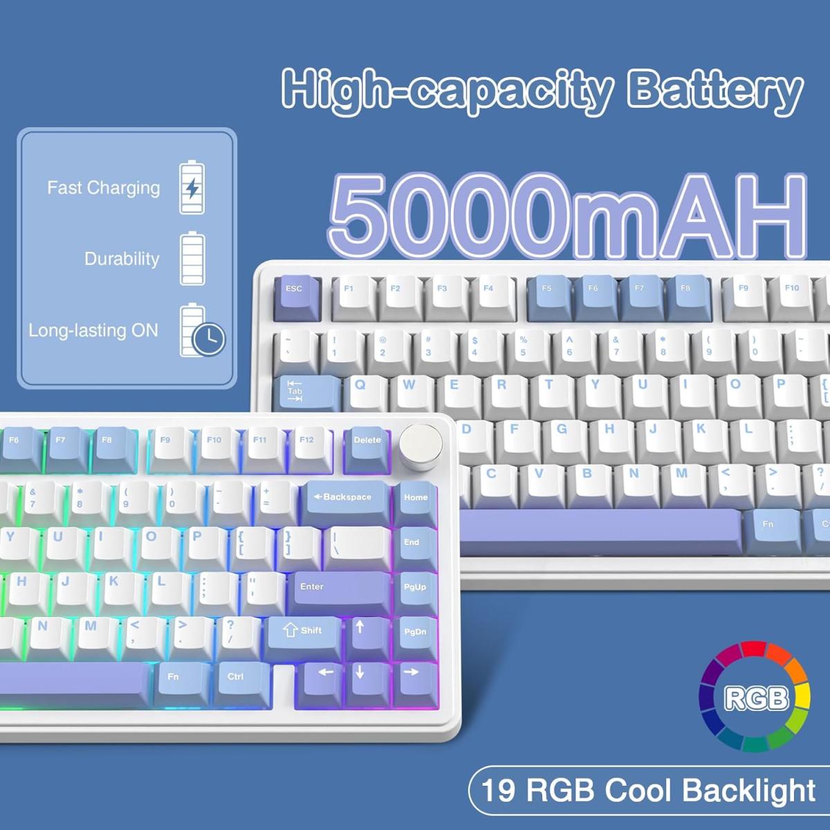 ATTACK SHARK X85 Wireless Gaming Keyboard with Knob Hot Swappable 75% Mechanical Keyboard Bluetooth/2.4GHz/USB-C PBT Keycaps Gasket RGB Coiled Cable Linear White Jade Switch Custom for Win/PC/MAC, (White Purple) (عربي) ATTACK SHARK X85 Wireless Gaming Keyboard with Knob Hot Swappable 75% Mechanical Keyboard Bluetooth/2.4GHz/USB-C PBT Keycaps Gasket RGB Coiled Cable Linear White Jade Switch Custom for Win/PC/MAC, (White Purple) (عربي)
