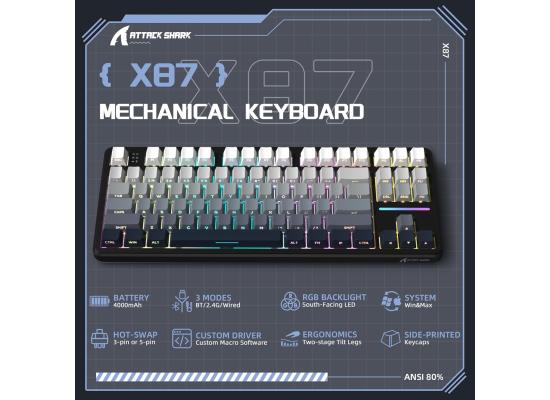 ATTACK SHARK X87 Wireless Tri-Mode Mechanical Gaming Keyboard - Hot Swappable RGB, Gasket Mount, Pre-Lubed Linear Switches, Side-Printed PBT Keycaps (TKL 87-Key, Moon Night)