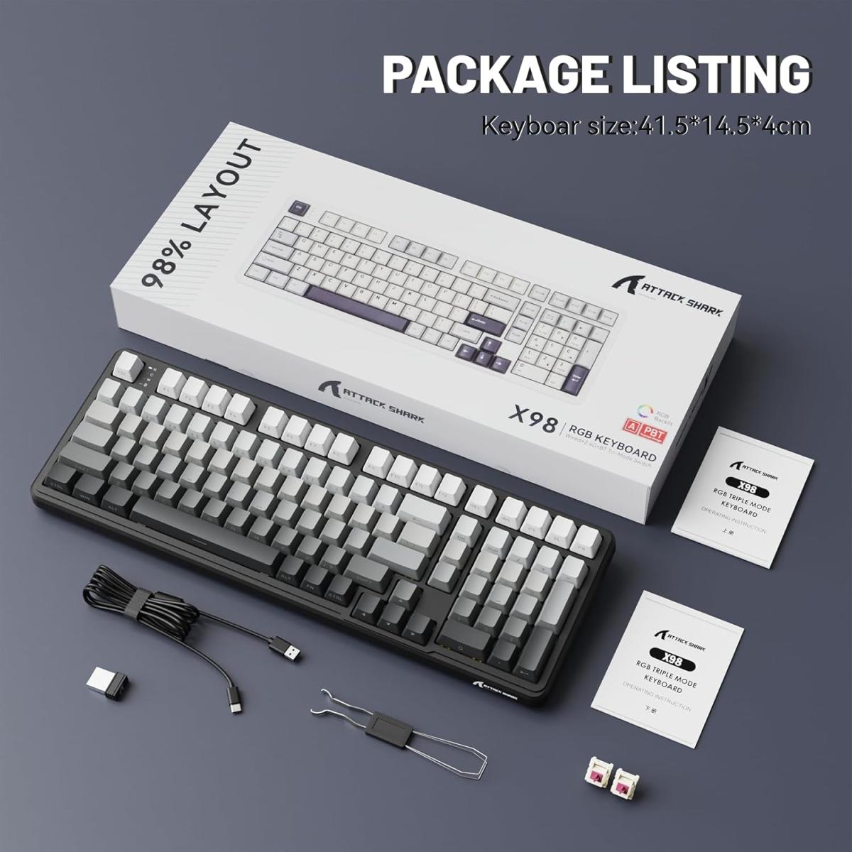 ATTACK SHARK X98 Wireless Mechanical Keyboard,RGB Backlit,Tri-Mode BT5.0/2.4GHz/USB-C Hot-Swappable,PBT Keycaps,Pre-lubed Linear Switches Computer Gaming Keyboard, (Moonlit night) for PC/Tablet/PS5/Xbox ATTACK SHARK X98 Wireless Mechanical Keyboard,RGB Backlit,Tri-Mode BT5.0/2.4GHz/USB-C Hot-Swappable,PBT Keycaps,Pre-lubed Linear Switches Computer Gaming Keyboard, (Moonlit night) for PC/Tablet/PS5/Xbox