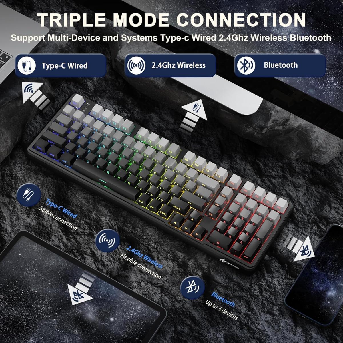 ATTACK SHARK X98 Wireless Mechanical Keyboard,RGB Backlit,Tri-Mode BT5.0/2.4GHz/USB-C Hot-Swappable,PBT Keycaps,Pre-lubed Linear Switches Computer Gaming Keyboard, (Moonlit night) for PC/Tablet/PS5/Xbox ATTACK SHARK X98 Wireless Mechanical Keyboard,RGB Backlit,Tri-Mode BT5.0/2.4GHz/USB-C Hot-Swappable,PBT Keycaps,Pre-lubed Linear Switches Computer Gaming Keyboard, (Moonlit night) for PC/Tablet/PS5/Xbox