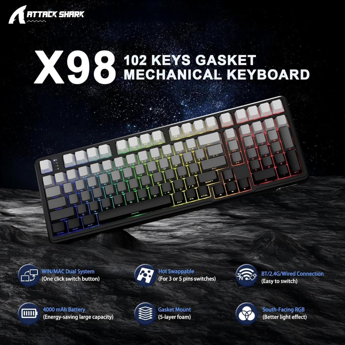 ATTACK SHARK X98 Wireless Mechanical Keyboard,RGB Backlit,Tri-Mode BT5.0/2.4GHz/USB-C Hot-Swappable,PBT Keycaps,Pre-lubed Linear Switches Computer Gaming Keyboard, (Moonlit night) for PC/Tablet/PS5/Xbox ATTACK SHARK X98 Wireless Mechanical Keyboard,RGB Backlit,Tri-Mode BT5.0/2.4GHz/USB-C Hot-Swappable,PBT Keycaps,Pre-lubed Linear Switches Computer Gaming Keyboard, (Moonlit night) for PC/Tablet/PS5/Xbox