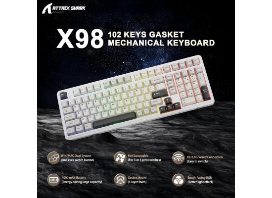 ATTACK SHARK X98 Wireless Mechanical Keyboard,Tri-Mode BT5.0/2.4GHz/USB-C Hot-Swappable,Gasket Mount with Pre-lubed Linear Switches,PBT Keycaps,RGB Backlit Gaming Keyboard for PC/Tablet/PS5/Xbox