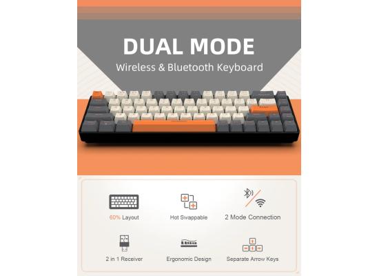ZIYOULANG K68 Wireless (Dual Mode 2.4GHz + Bluetooth 5.0) 60% Compact Modular Mechanical Gaming Keyboard, 68 Keys Hot Swappable, AAA Battery, Red Switch-Off White & Orange