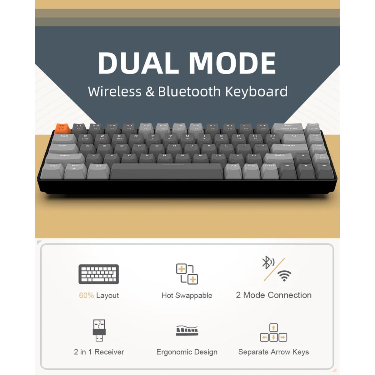 ZIYOULANG K68 Wireless (Dual Mode 2.4GHz + Bluetooth 5.0) 60% Compact Modular Mechanical Gaming Keyboard, 68 Keys Hot Swappable, AAA Battery, Blue Switch-Gray & Orange