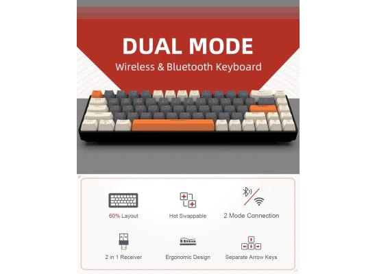 ZIYOULANG K68 Wireless (Dual Mode 2.4GHz + Bluetooth 5.0) 60% Compact Modular Mechanical Gaming Keyboard, 68 Keys Hot Swappable, AAA Battery, Blue Switch-Gray & Orange