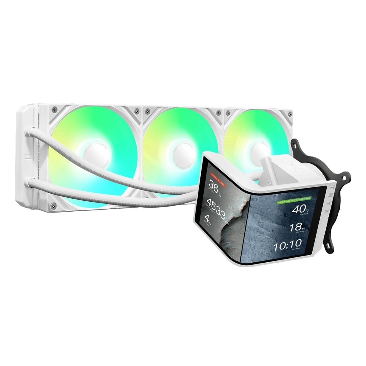 TRYX Panorama SE 360 (White) ARGB High- Preformance AIO CPU Liquid Cooler, 6.67" 2K 60Hz Curved 3D Amoled Rotatable Display, Customizable 3D Effect, Asetek Adela Pump w/ Daisy-Chain 2 ARGB Fans