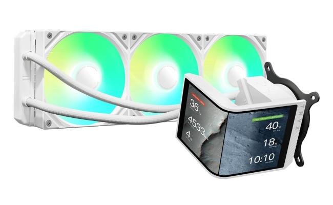 TRYX Panorama SE 360 (White) ARGB High- Preformance AIO CPU Liquid Cooler, 6.67" 2K 60Hz Curved 3D Amoled Rotatable Display, Customizable 3D Effect, Asetek Adela Pump w/ Daisy-Chain	2 ARGB Fans