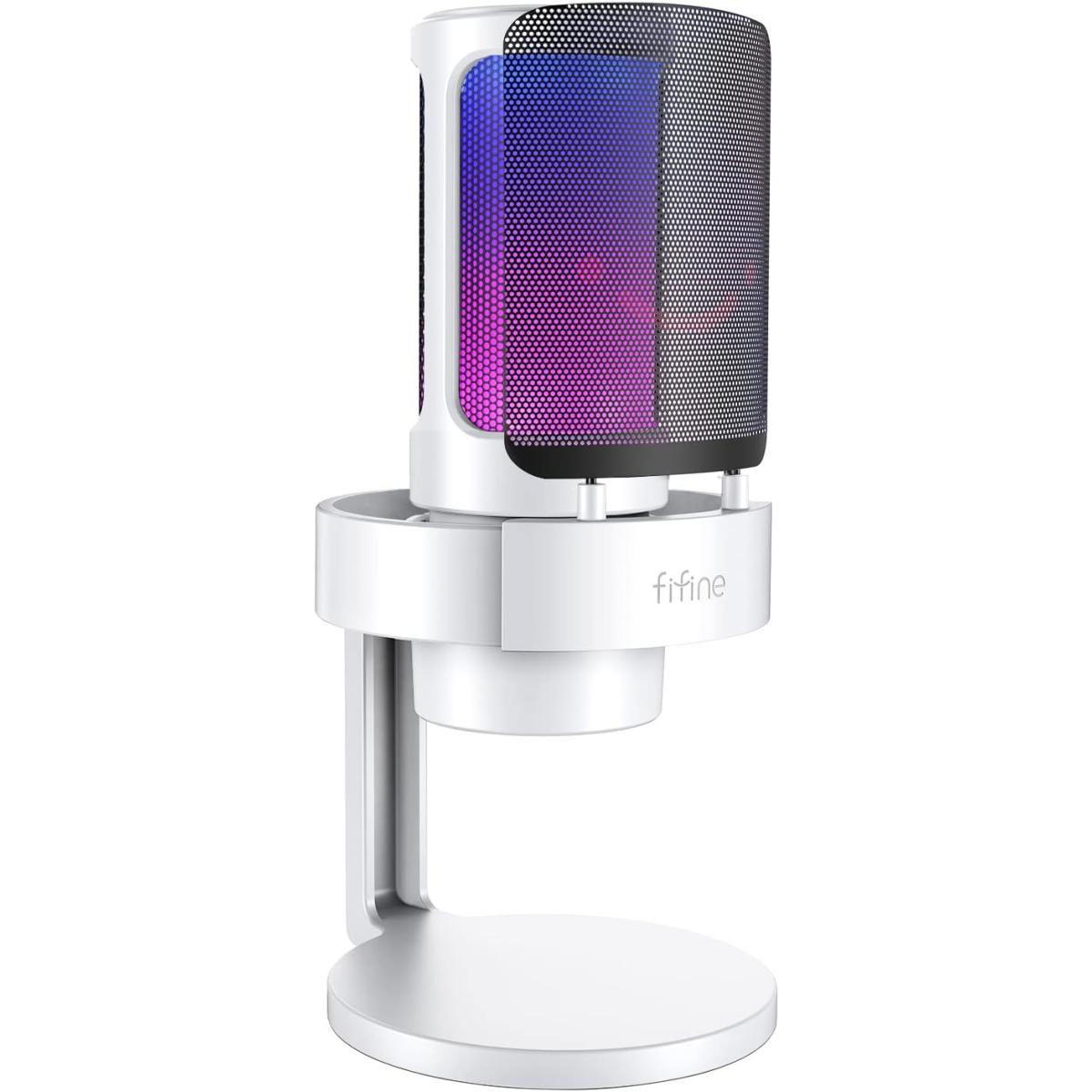 Fifine Ampligame A8W Usb Mic With Controllable Rgb, Live Monitoring, Input Dial, Pop Filter For Streaming (White)