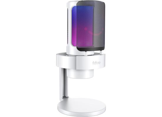 Fifine Ampligame A8W Usb Mic With Controllable Rgb, Live Monitoring, Input Dial, Pop Filter For Streaming (White)