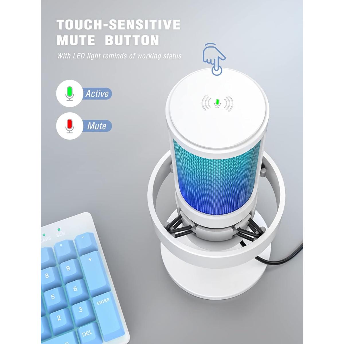 Fifine Ampligame A8W Usb Mic With Controllable Rgb, Live Monitoring, Input Dial, Pop Filter For Streaming (White)