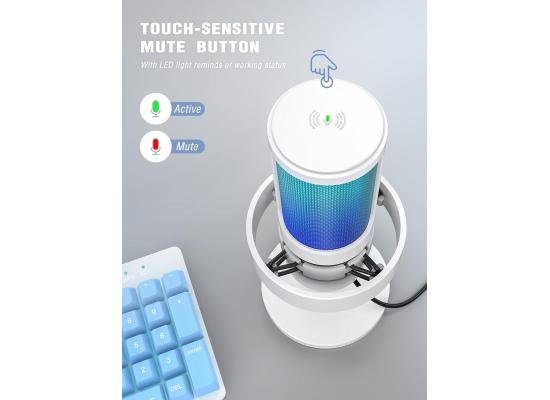 Fifine Ampligame A8W Usb Mic With Controllable Rgb, Live Monitoring, Input Dial, Pop Filter For Streaming (White)