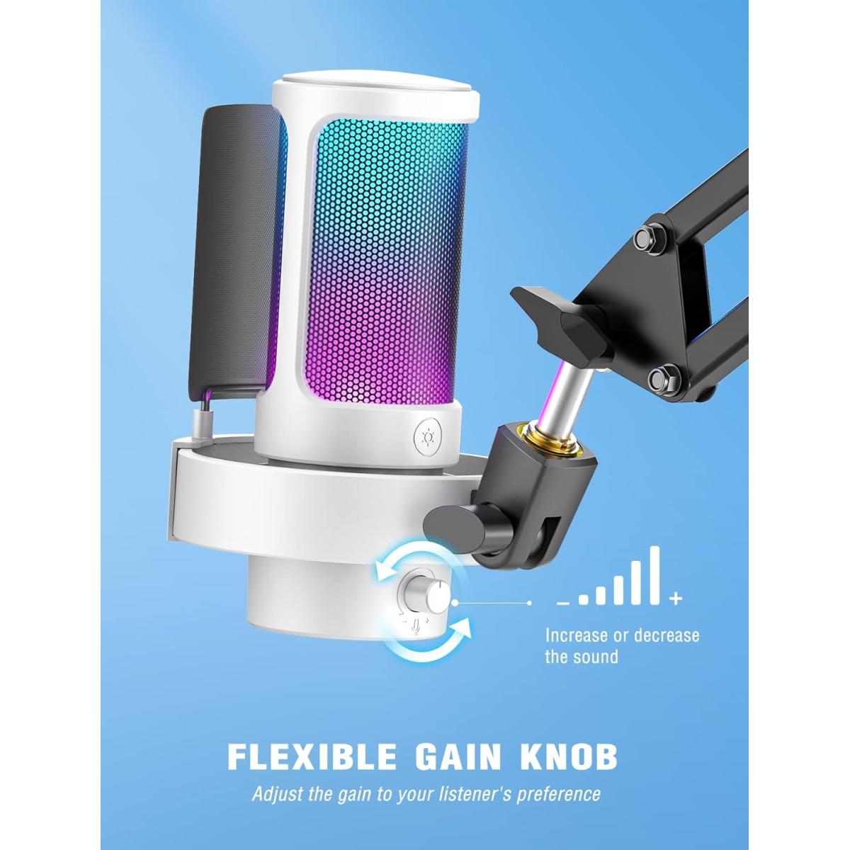 Fifine Ampligame A8W Usb Mic With Controllable Rgb, Live Monitoring, Input Dial, Pop Filter For Streaming (White)