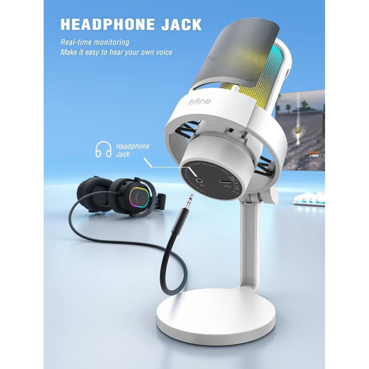 Fifine Ampligame A8W Usb Mic With Controllable Rgb, Live Monitoring, Input Dial, Pop Filter For Streaming (White)