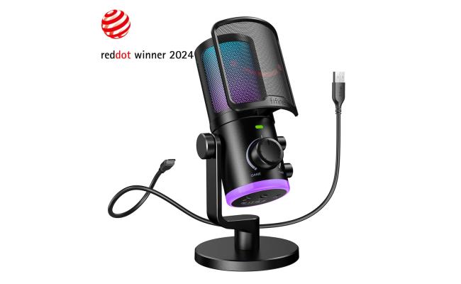 Fifine Ampligame AM6 Condenser Mic With Game/chat Mix, Noise Suppression, Monitoring, I/o Level & Rgb Controls