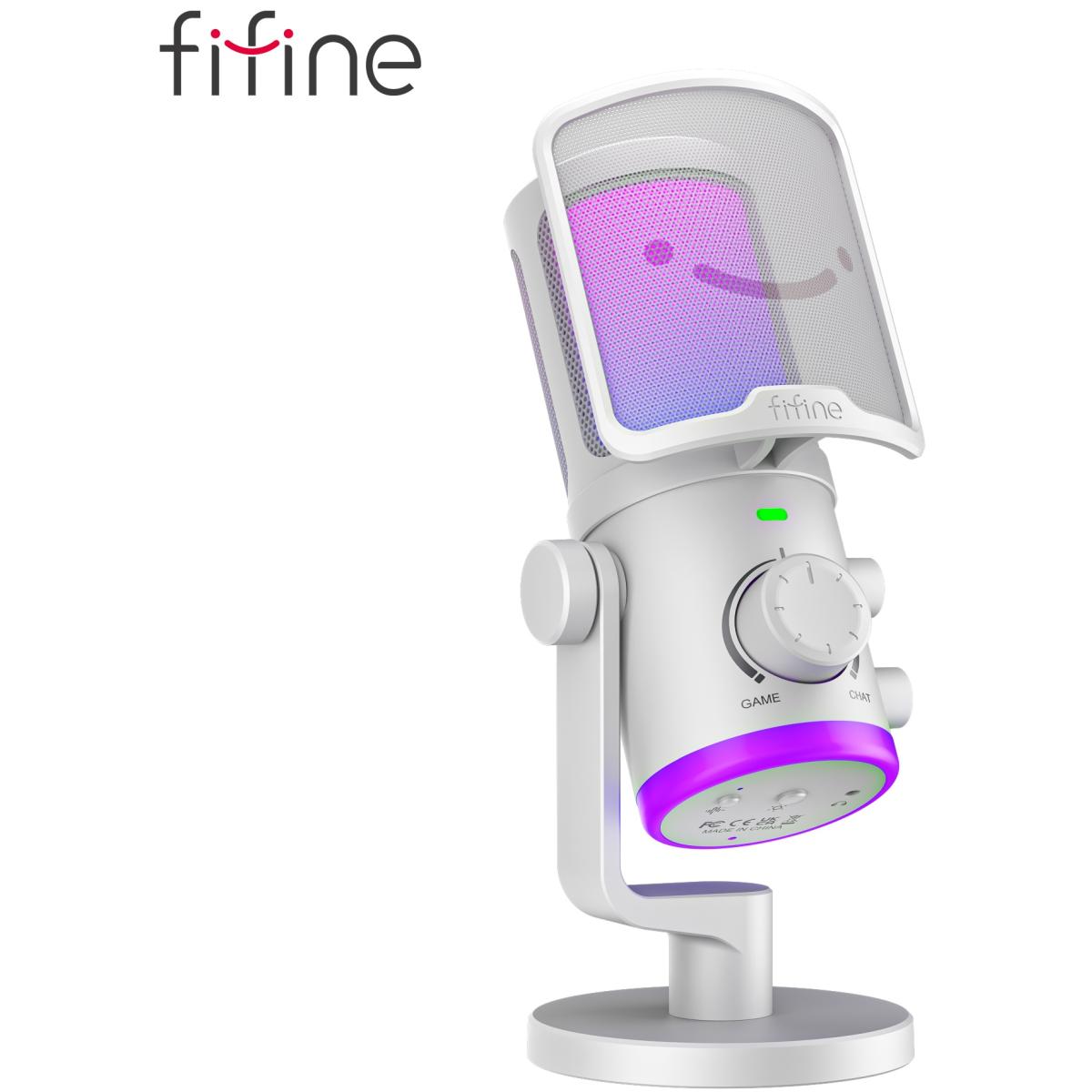 Fifine Ampligame AM6W Condenser Mic With Game/chat Mix, Noise Suppression, Monitoring, I/o Level & Rgb Controls (White)