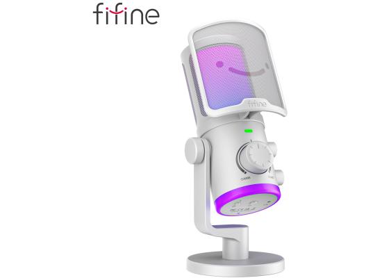 Fifine Ampligame AM6W Condenser Mic With Game/chat Mix, Noise Suppression, Monitoring, I/o Level & Rgb Controls (White)