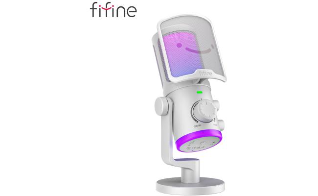 Fifine Ampligame AM6W Condenser Mic With Game/chat Mix, Noise Suppression, Monitoring, I/o Level & Rgb Controls (White)