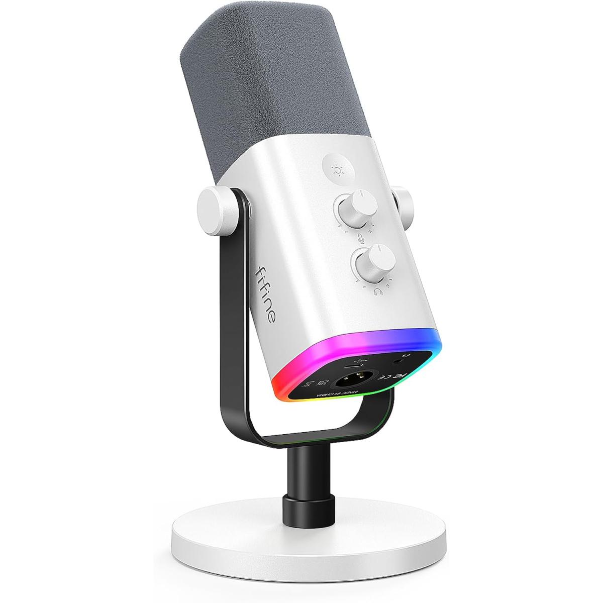 Fifine Ampligame AM8W Rgb Usb/xlr Dynamic Mic With Touch-mute, I/o Controls, Live Monitoring For Streaming (White)